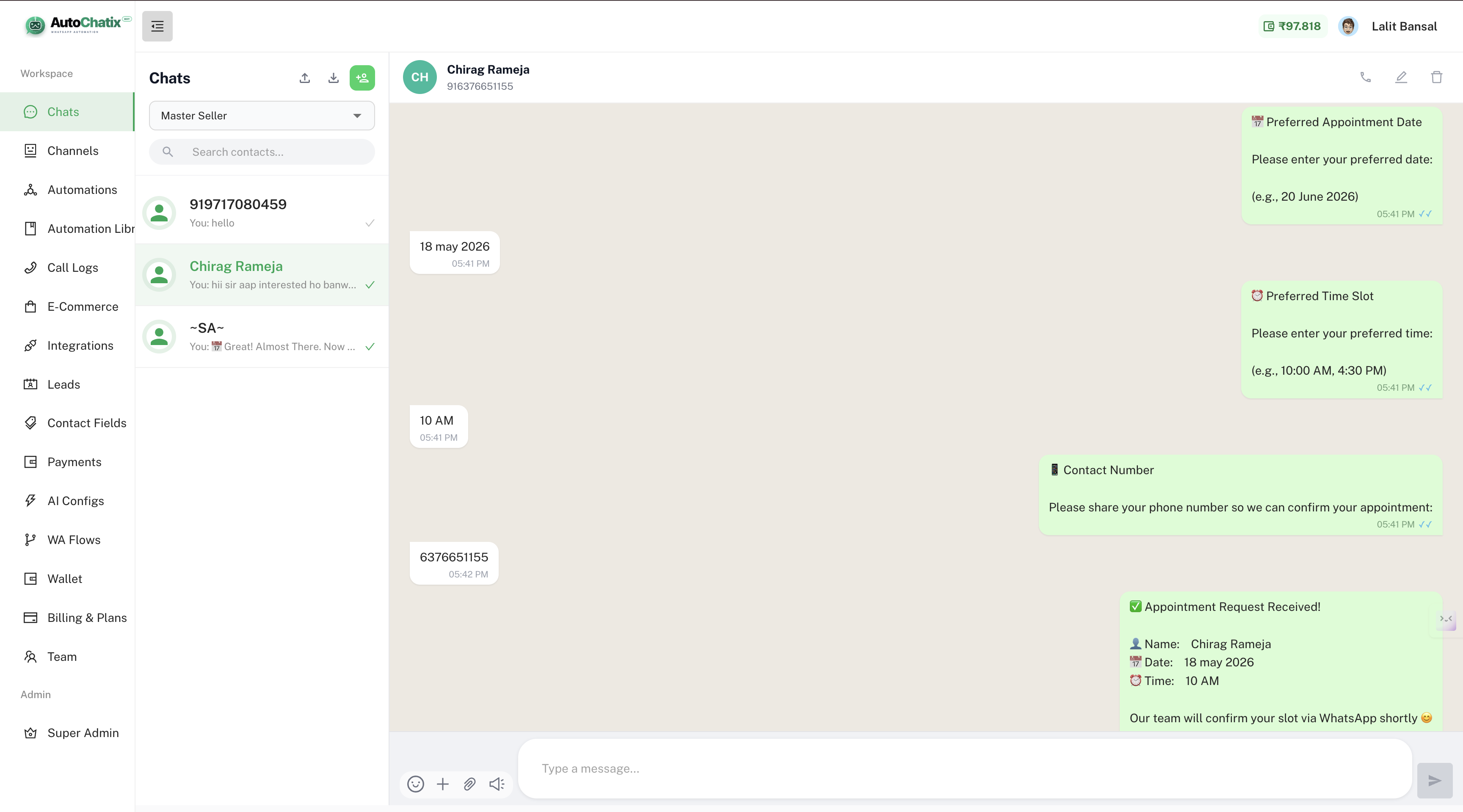 Autochatix live chat inbox — WhatsApp conversations with customers